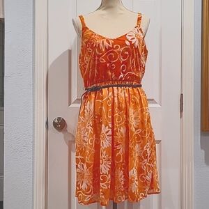Maurices Orange White Floral Sun Dress Elastic with Waist Belt Size Large